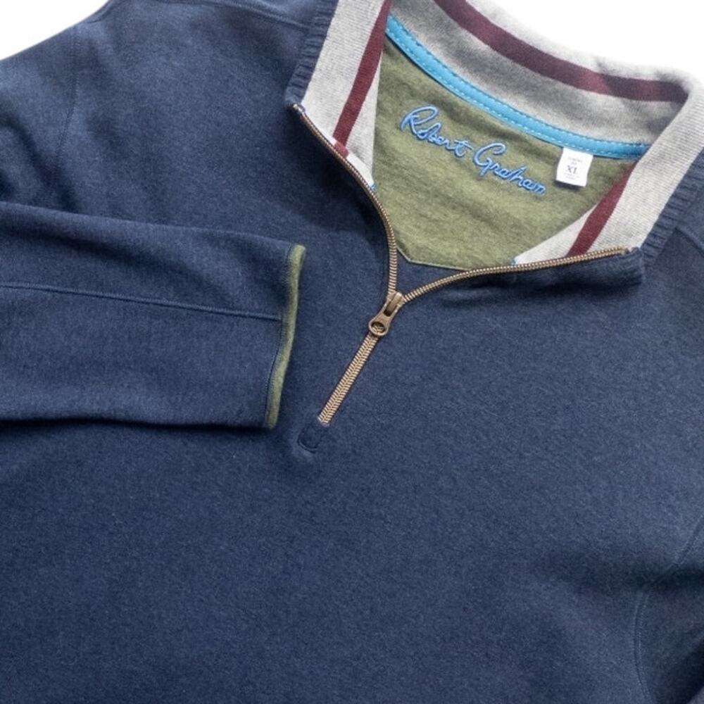 Robert Graham 1/4 Zip Pullover Sweater Men's XL Navy Blue Mock Neck Cotton
